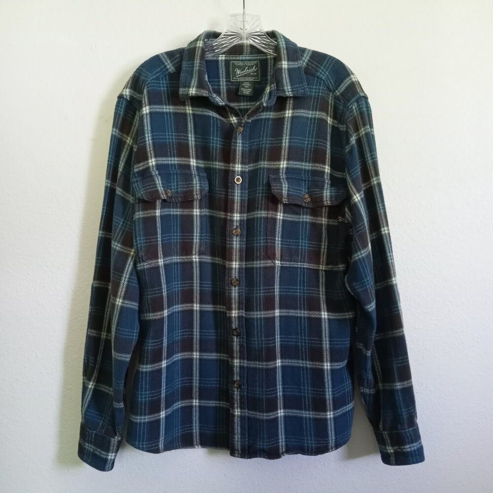 WOOLRICH Blue Plaid Shirt Button Front M Long Sleeve Patches Collar Cuffs Cotton